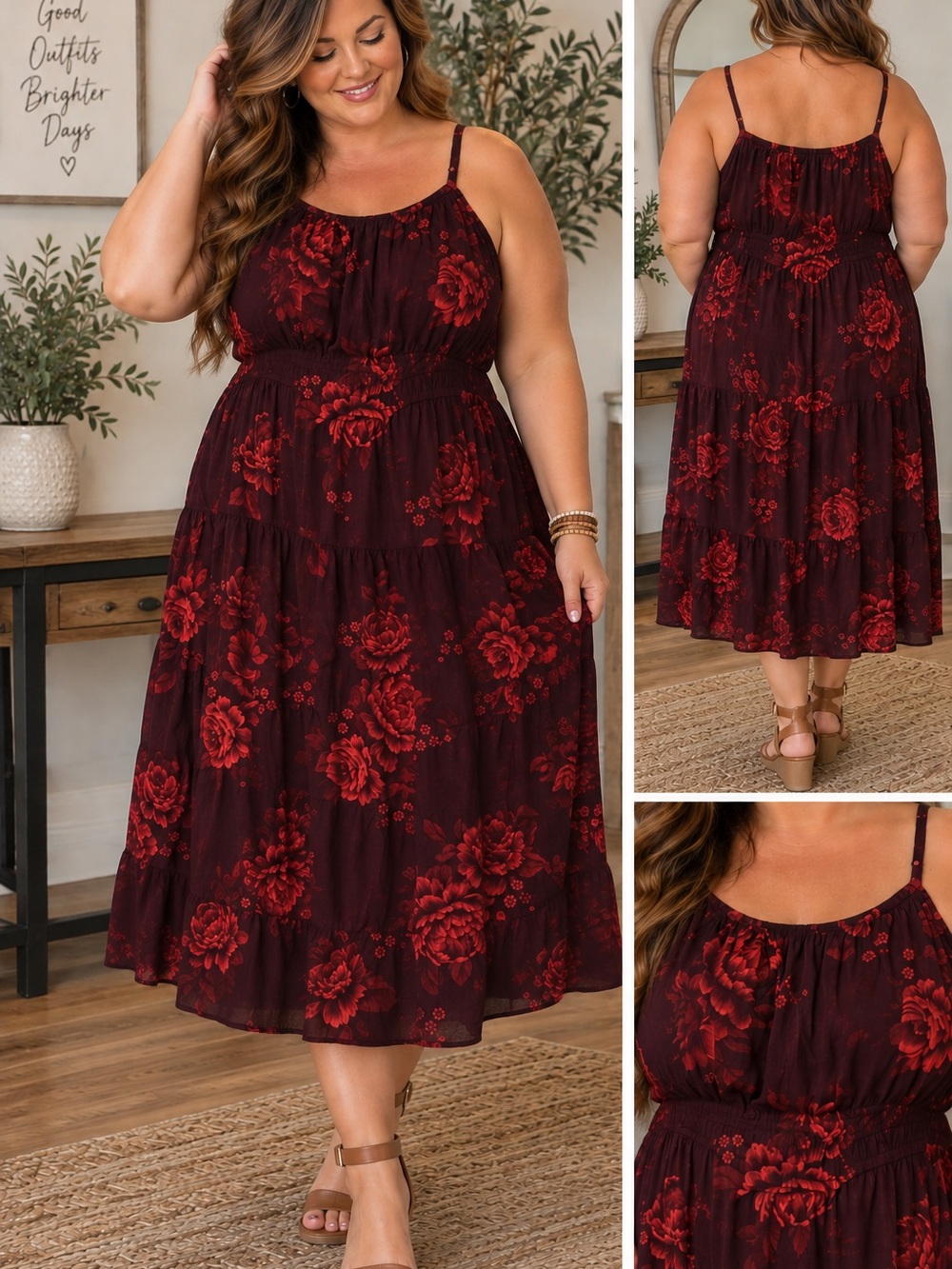 NWOT Old Navy Burgundy Midi Dress with Red Floral Print
